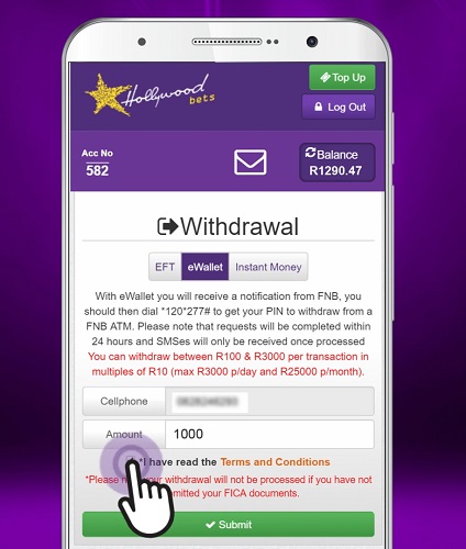 A smartphone displaying Hollywoodbets Withdrawal panel with highlighted eWallet