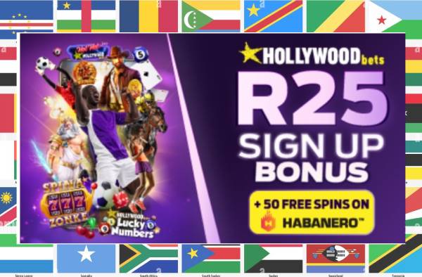 A screenshot with Hollywoodbets R25 sign up bonus, and flags of Africa background