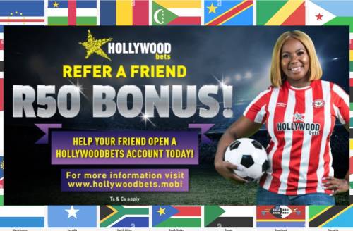 A screenshot of the Hollywoodbets casino promo banner, and flags of Africa background