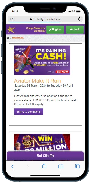 A smartphone displaying Hollywoodbets casino promotions panel