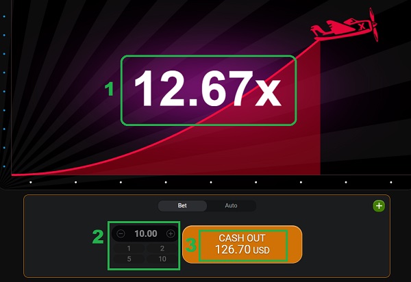 A screenshot of the Aviator game with increasing multiplier and cashout option