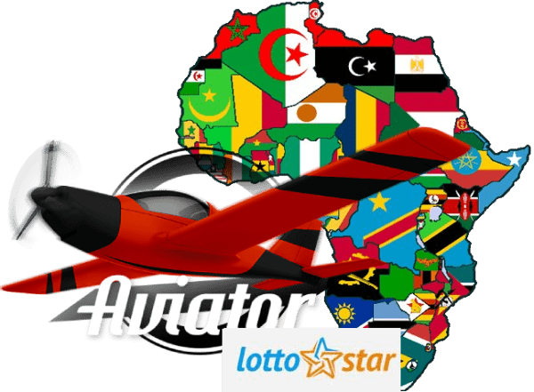 Logos of the Lottostar and Aviator with red plane, and a map of Africa background