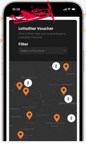 A smartphone showing Lottostar Voucher section and filters to find stores on the map