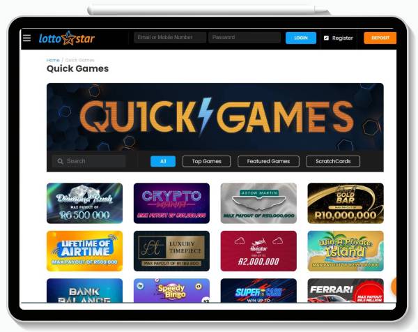 A tablet displaying Quick games page on the Lottostar casino website