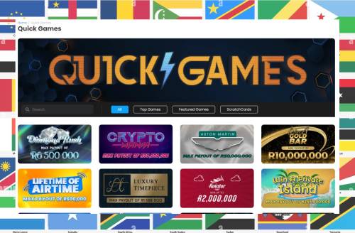 A screenshot of Lottostar Quick games library, and flags of Africa background