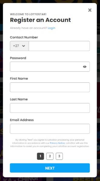 A screenshot of the registration panel of Lottostar online casino