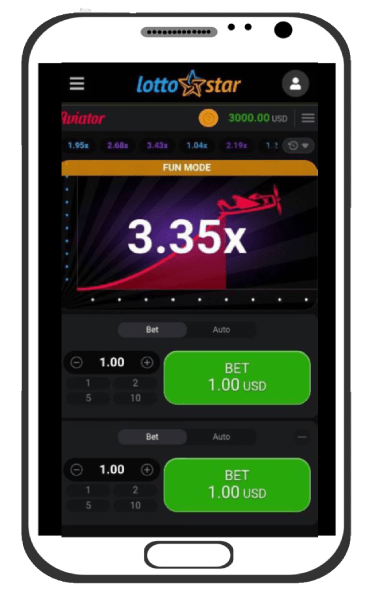 A smartphone displaying Aviator Demo mode with betting option on the Lottostar casino site
