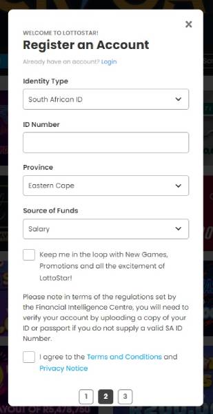 A screenshot of Lottostar online casino Registration form
