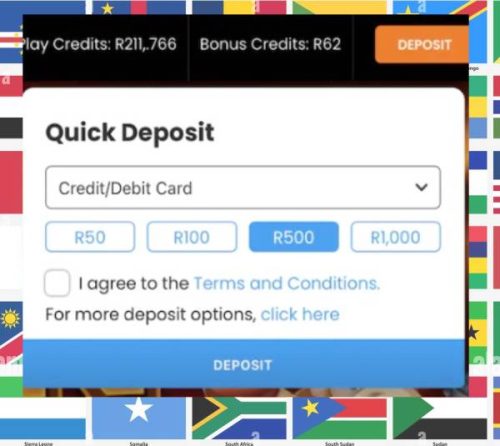 A screenshot of the quick deposit panel on the Lottostar site, and flags of Africa background