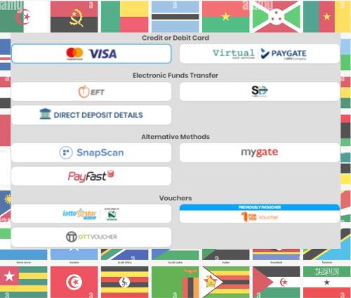 A screenshot of the payment options on the Lottostar site, and flags of Africa background