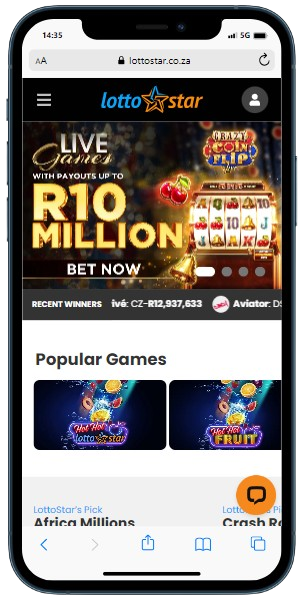 A smartphone displaying Lottostar casino home page