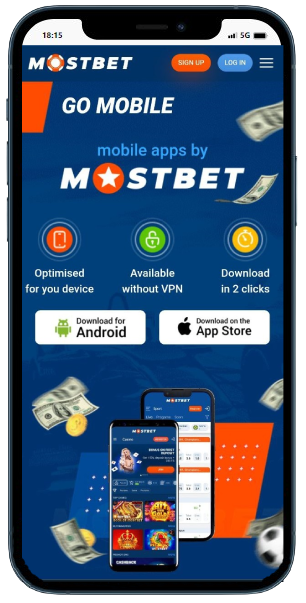 A smartphone displaying Mostbet site with section to download casino app for Android or IOS