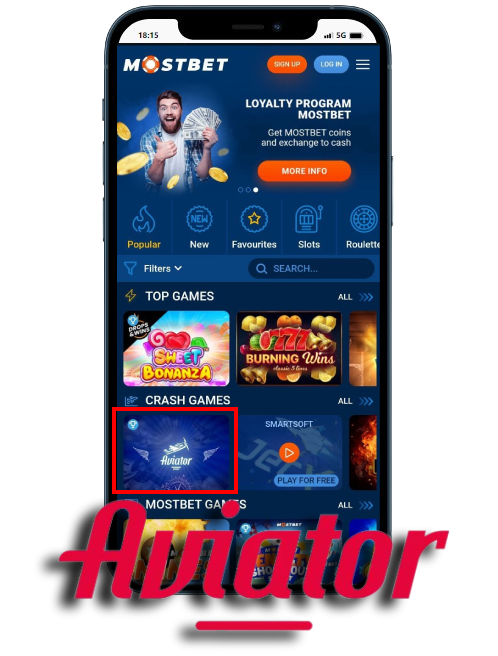 A smartphone displaying Mostbet casino games library with Aviator logo